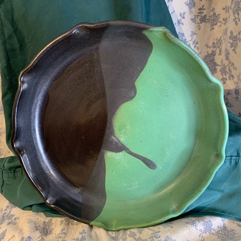 Handmade Pottery Green & Black 12" Serving Platter Signedby the Artist